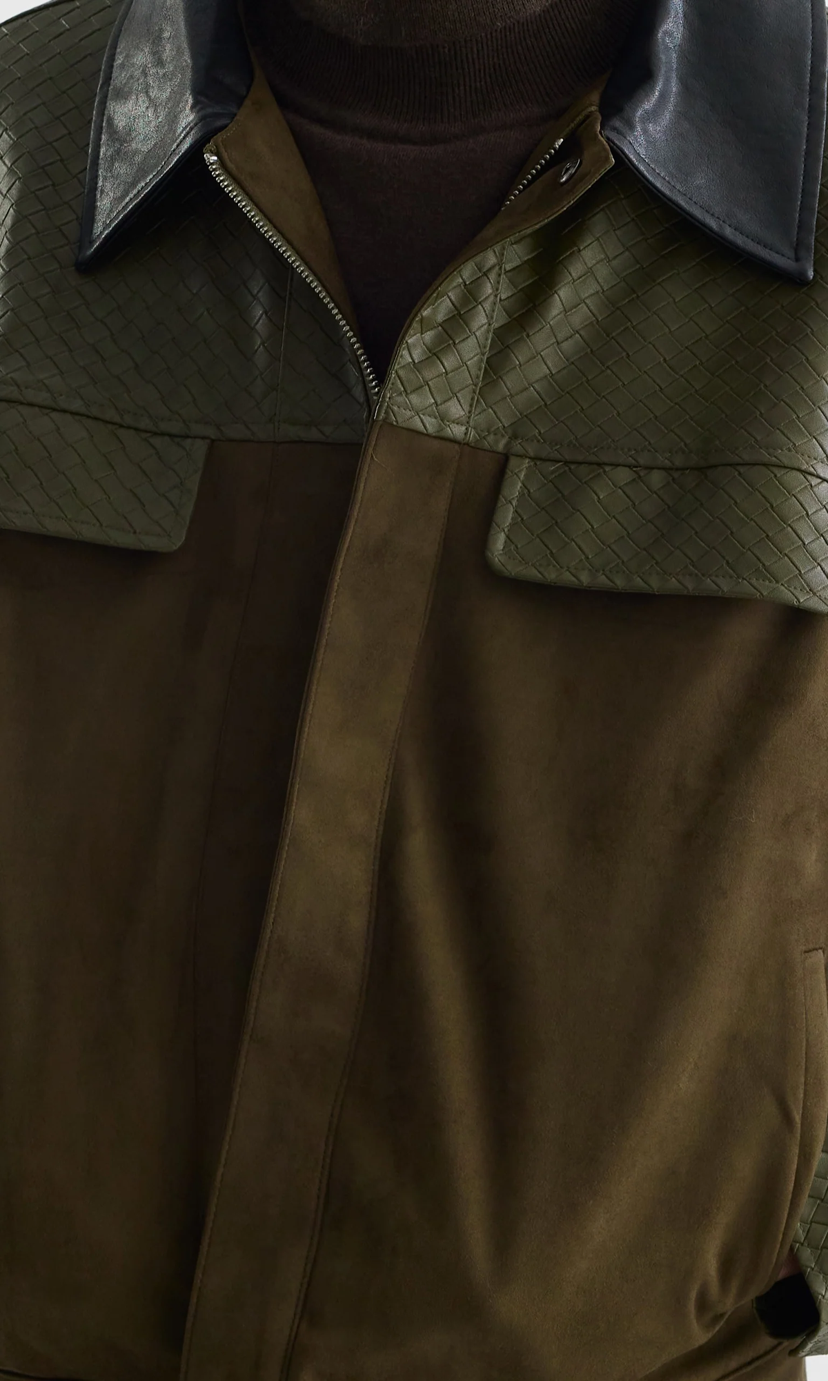 Slight Vogue Moss Green Woven-Embossed Suede Panel Jacket — product image 2
