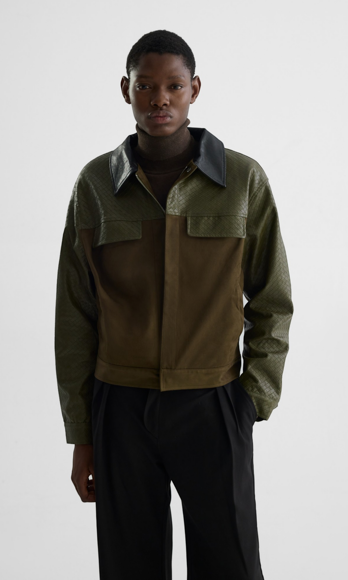Slight Vogue Moss Green Woven-Embossed Suede Panel Jacket — product image 3