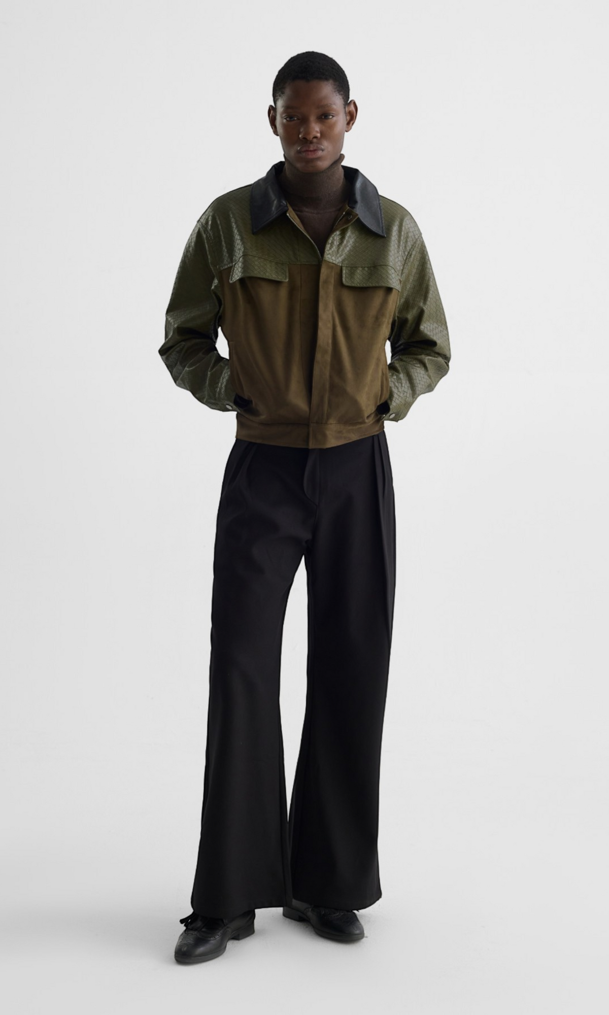 Slight Vogue Moss Green Woven-Embossed Suede Panel Jacket — product image 1