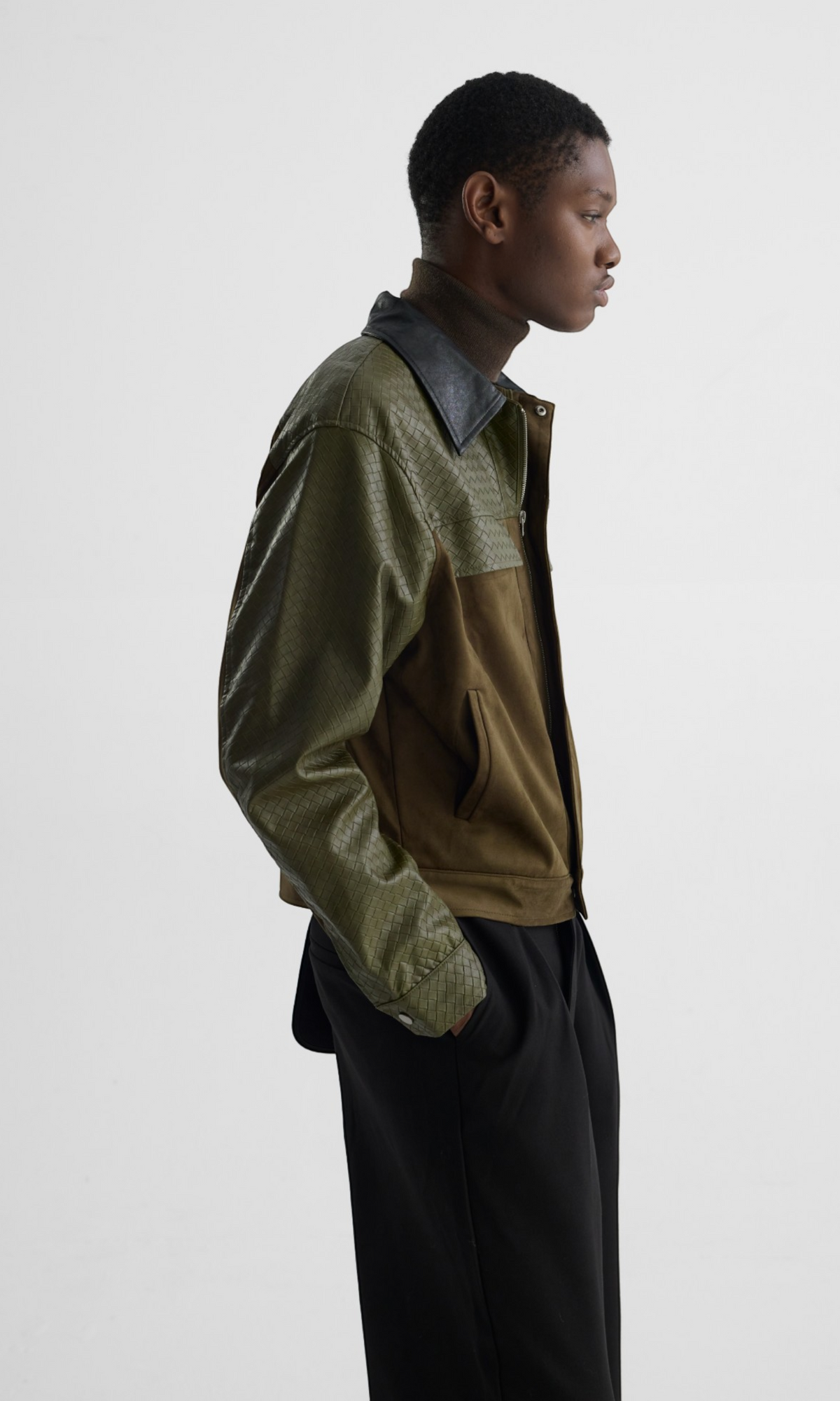 Slight Vogue Moss Green Woven-Embossed Suede Panel Jacket — product image 4
